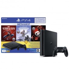 Игровая приставка Sony PlayStation 4 Slim 1000 ГБ HDD, Gran Turismo Sport + Horizon Zero Dawn + Marvel Человек Паук + PS Plus 3 месяца, черный