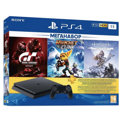 Игровая приставка Sony PlayStation 4 Slim 1000 ГБ HDD, черный + Игры: Horizon Zero Dawn, Gran Turismo Sport, Ratchet and Clank + подписка PS Plus на 3 месяца