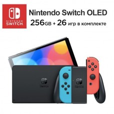 Игровая приставка Nintendo Switch OLED + карта 256 ГБ (26 игр), неоновый синий/неоновый