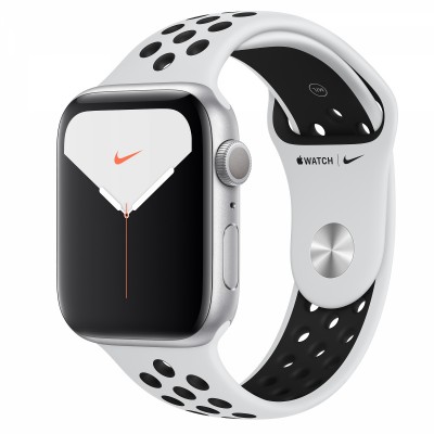 Умные часы Apple Watch Series 5 GPS 44мм Aluminum Case with Nike Sport Band, серебристый/чистая платина/черный